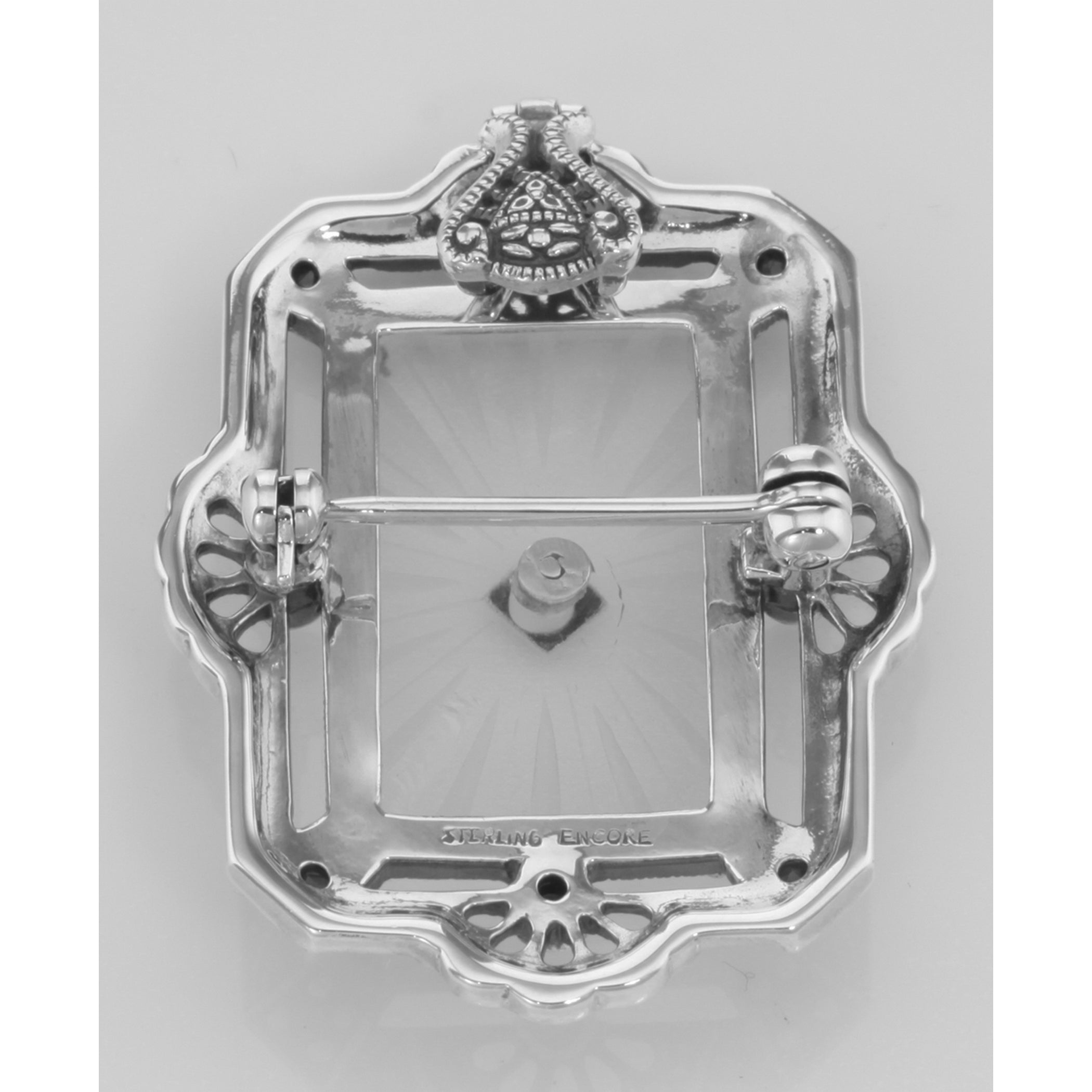 Back view of Art Deco Style Camphor Glass Sapphire / Diamond Pin / Brooch / Pendant showing 925 sterling silver hallmark and 