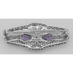 Back view of Victorian Style Amethyst Filigree Pin - Brooch showing 925 sterling silver hallmark and pin back