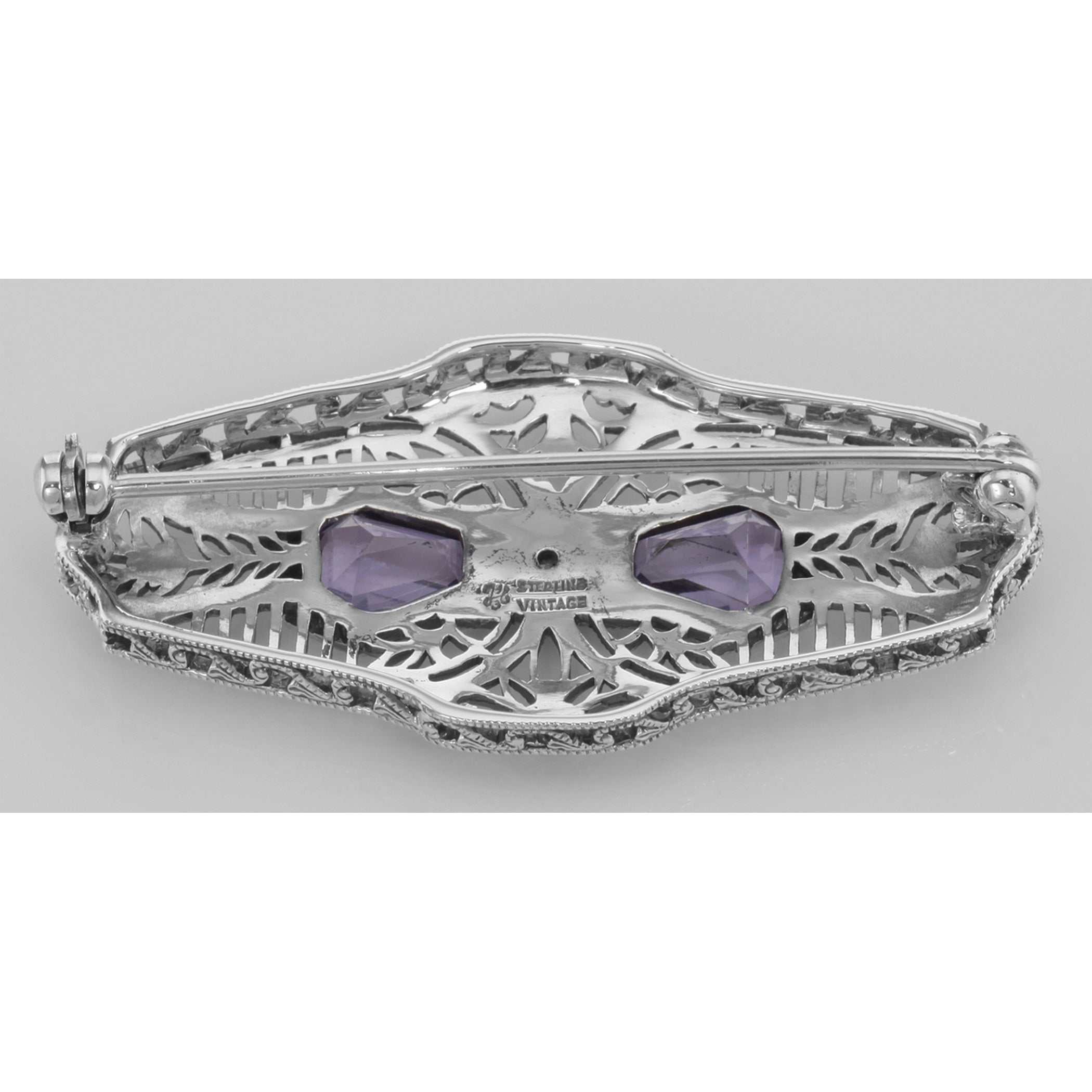 Back view of Victorian Style Amethyst Filigree Pin - Brooch showing 925 sterling silver hallmark and pin back