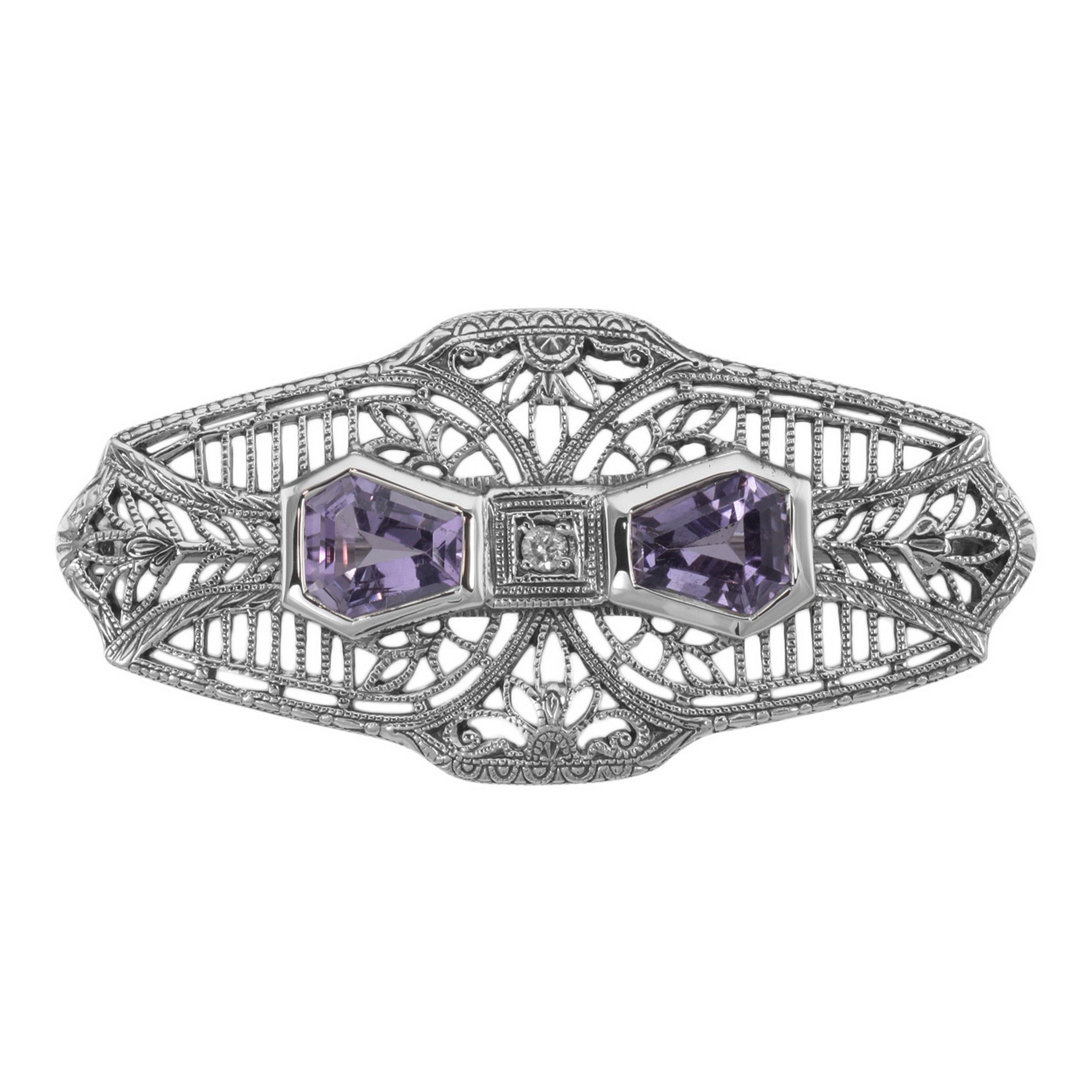 Victorian style, Amethyst, sterling silver brooches / pins, front view