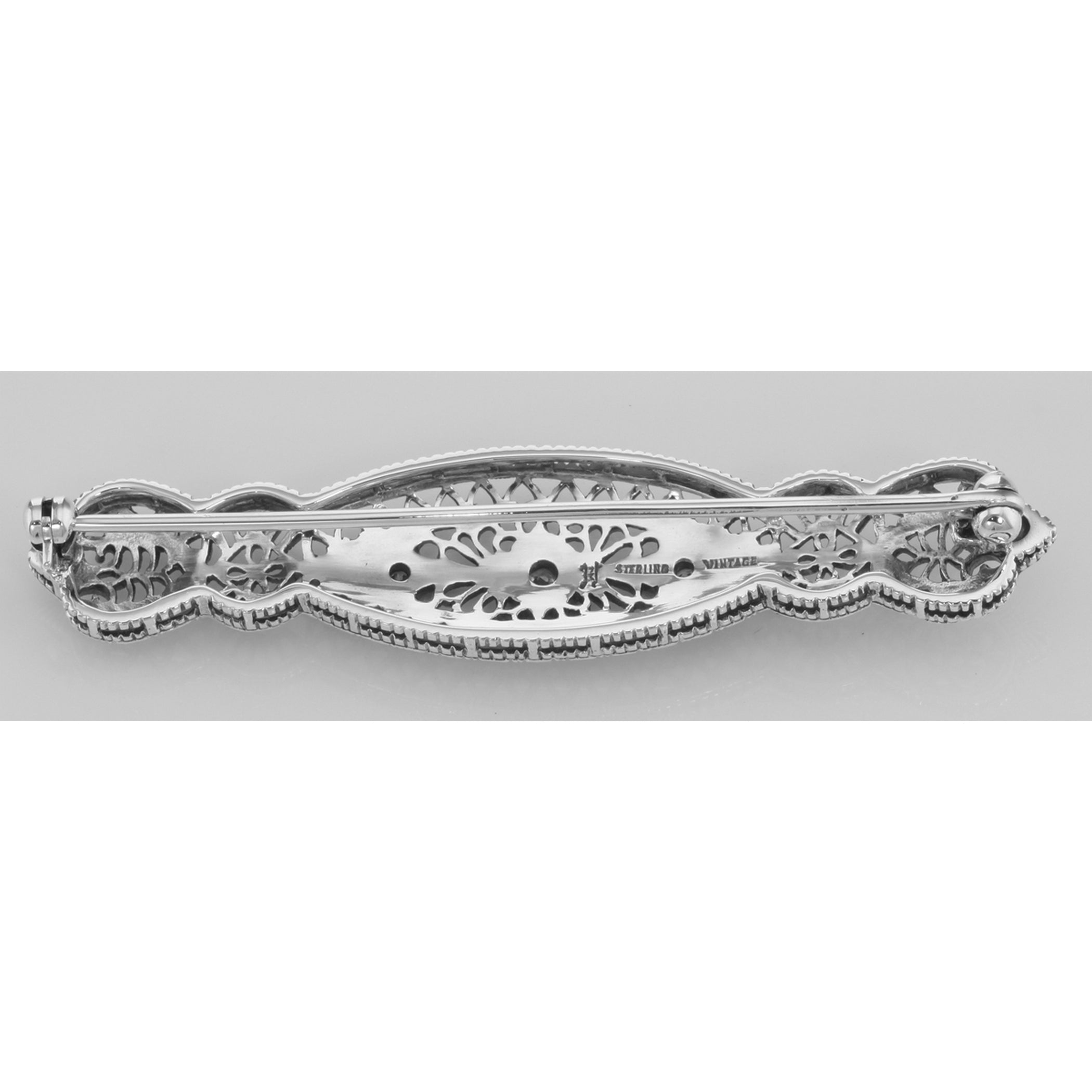 Back view of Beautiful Art Deco Style CZ Bar Pin / Brooch in Fine Sterling Silver showing 925 sterling silver hallmark and pi