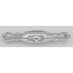 Back view of Art Deco Style Filigree 3 Diamond Bar Pin / Brooch showing 925 sterling silver hallmark and pin back