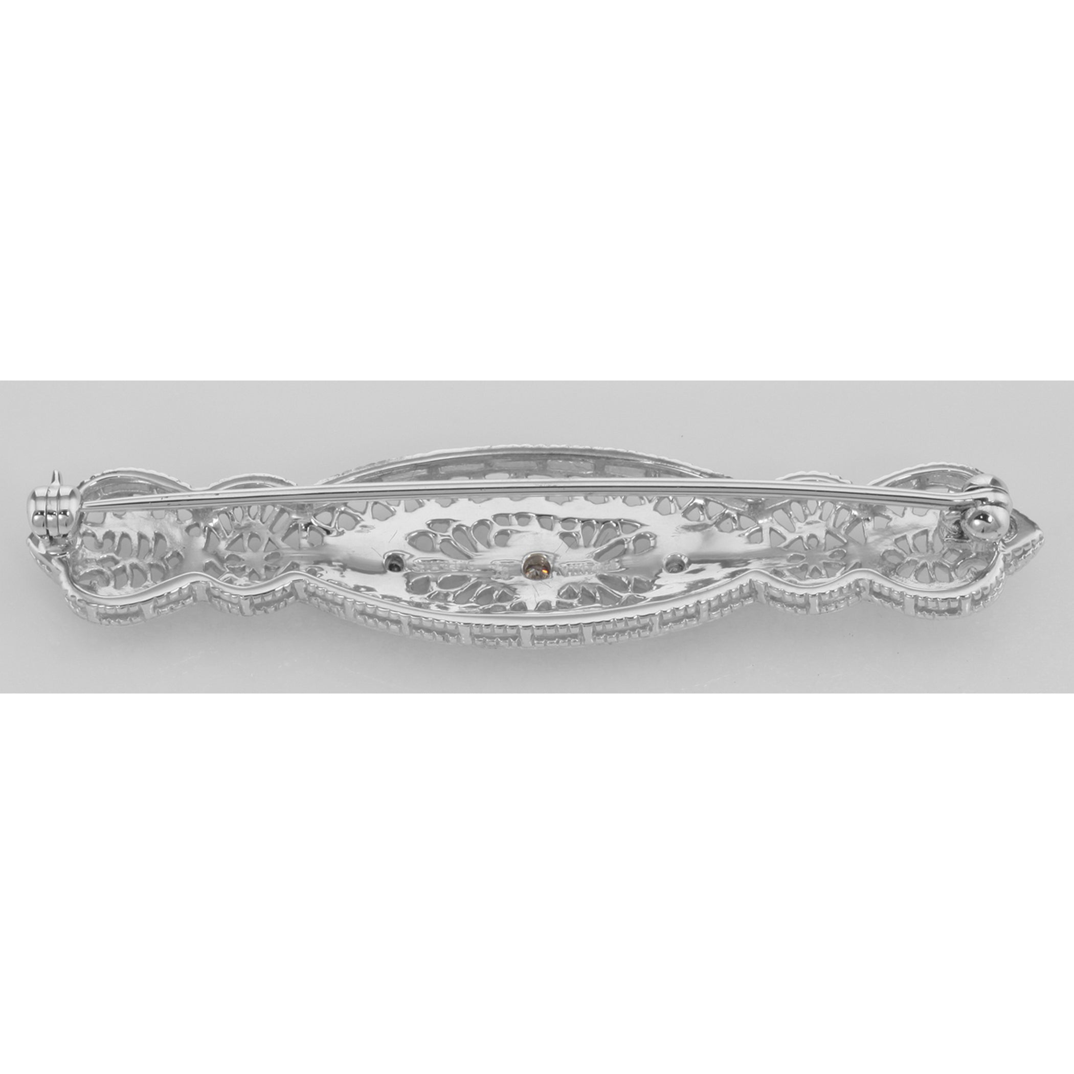 Back view of Art Deco Style Filigree 3 Diamond Bar Pin / Brooch showing 925 sterling silver hallmark and pin back