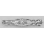 Back view of Art Deco Filigree Pin Brooch Blue Sapphire and Diamond Sterling Silver showing 925 sterling silver hallmark and 