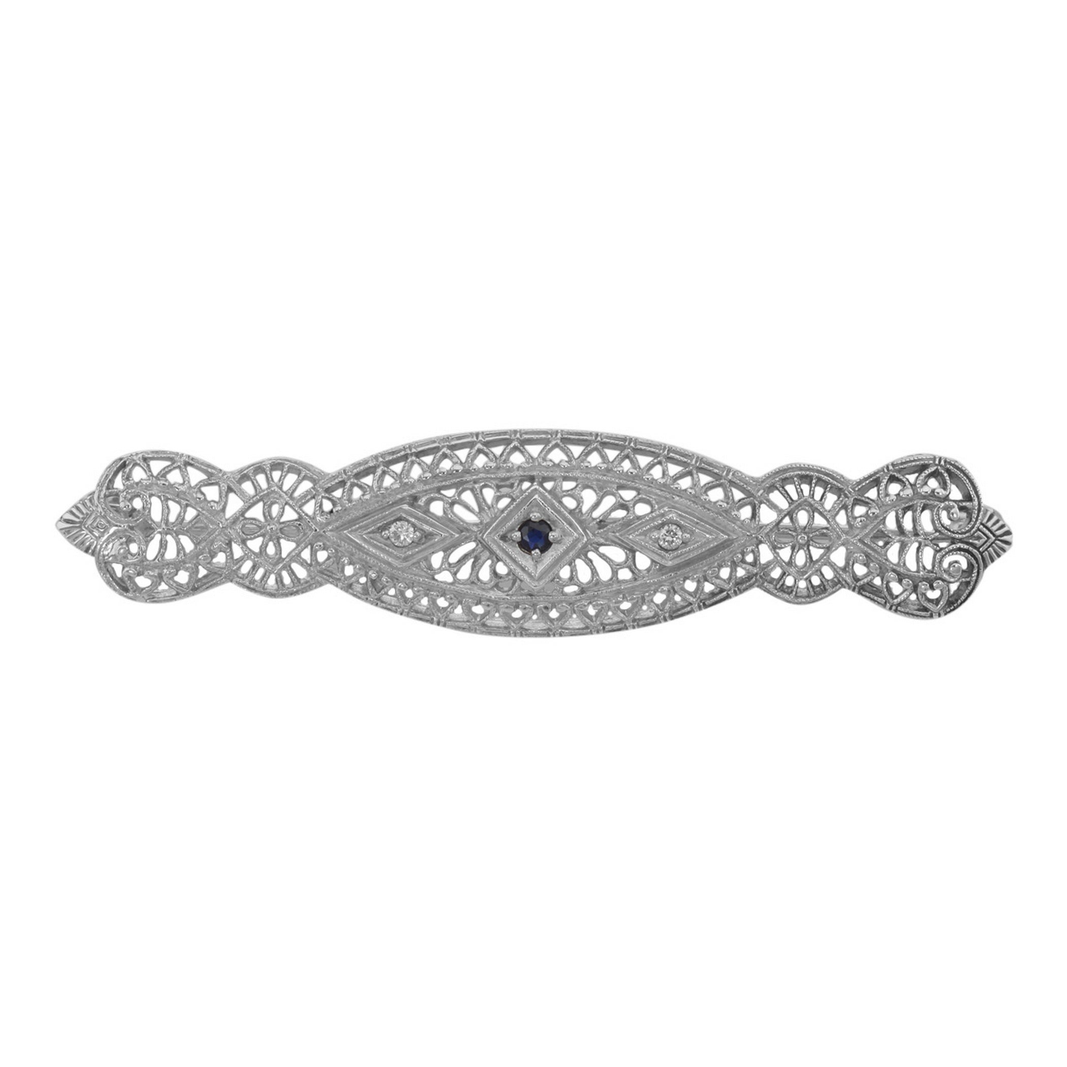 Art Deco style, Sapphire, Diamond, sterling silver brooches / pins, front view