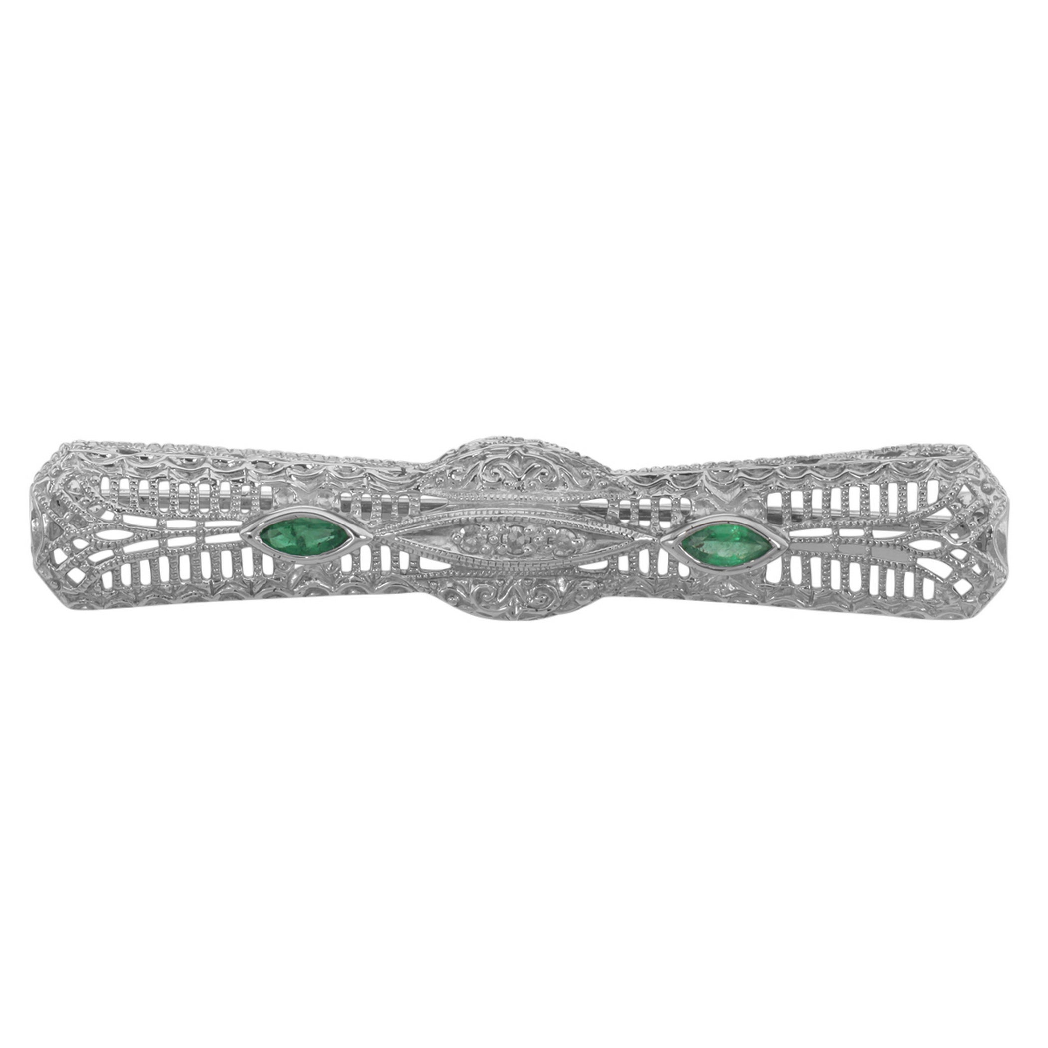Art Deco style, Emerald, Diamond, sterling silver brooches / pins, front view