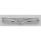 Back view of Art Deco Style Blue Sapphire / Diamond Pin Brooch Fine Sterling Silver showing 925 sterling silver hallmark and 