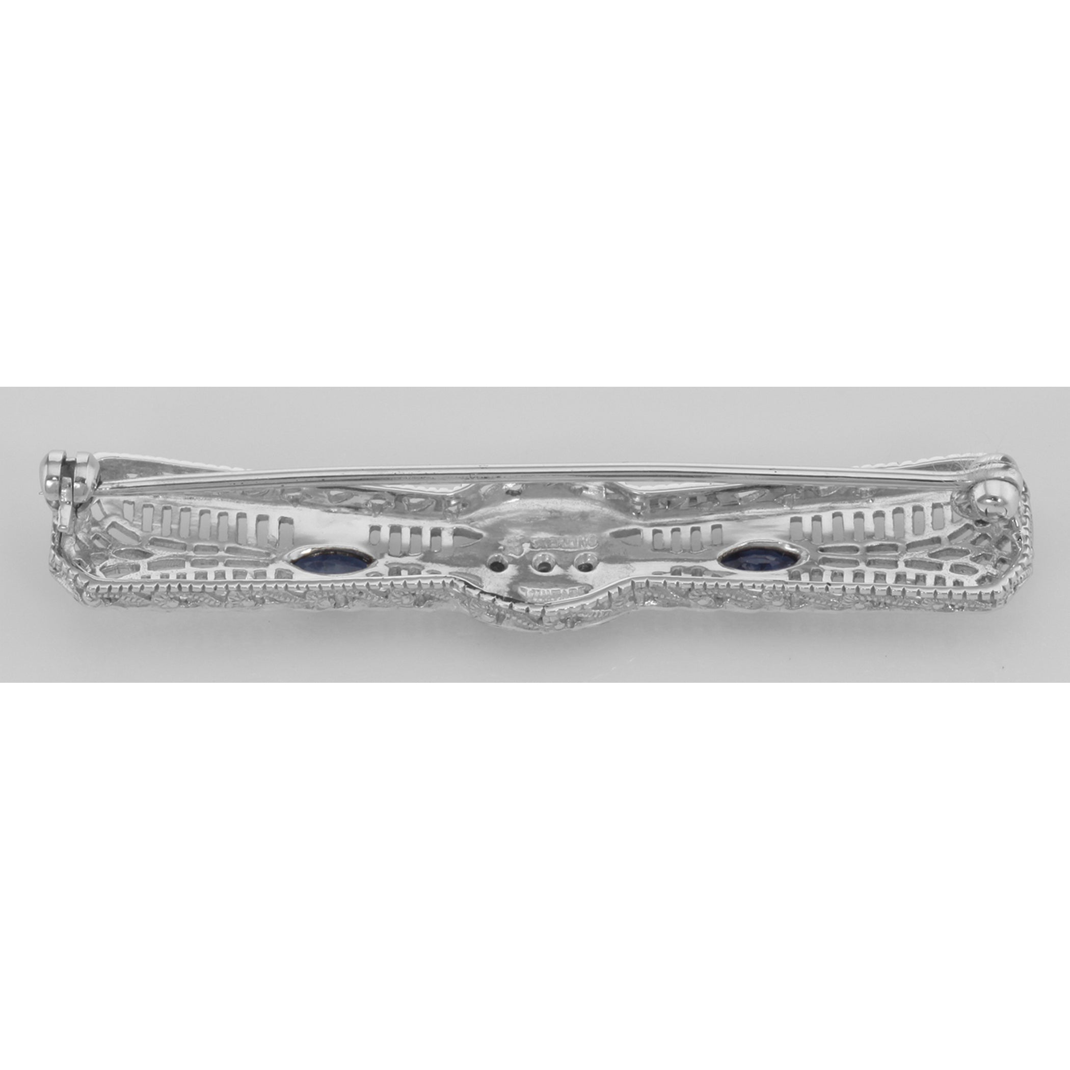 Back view of Art Deco Style Blue Sapphire / Diamond Pin Brooch Fine Sterling Silver showing 925 sterling silver hallmark and 