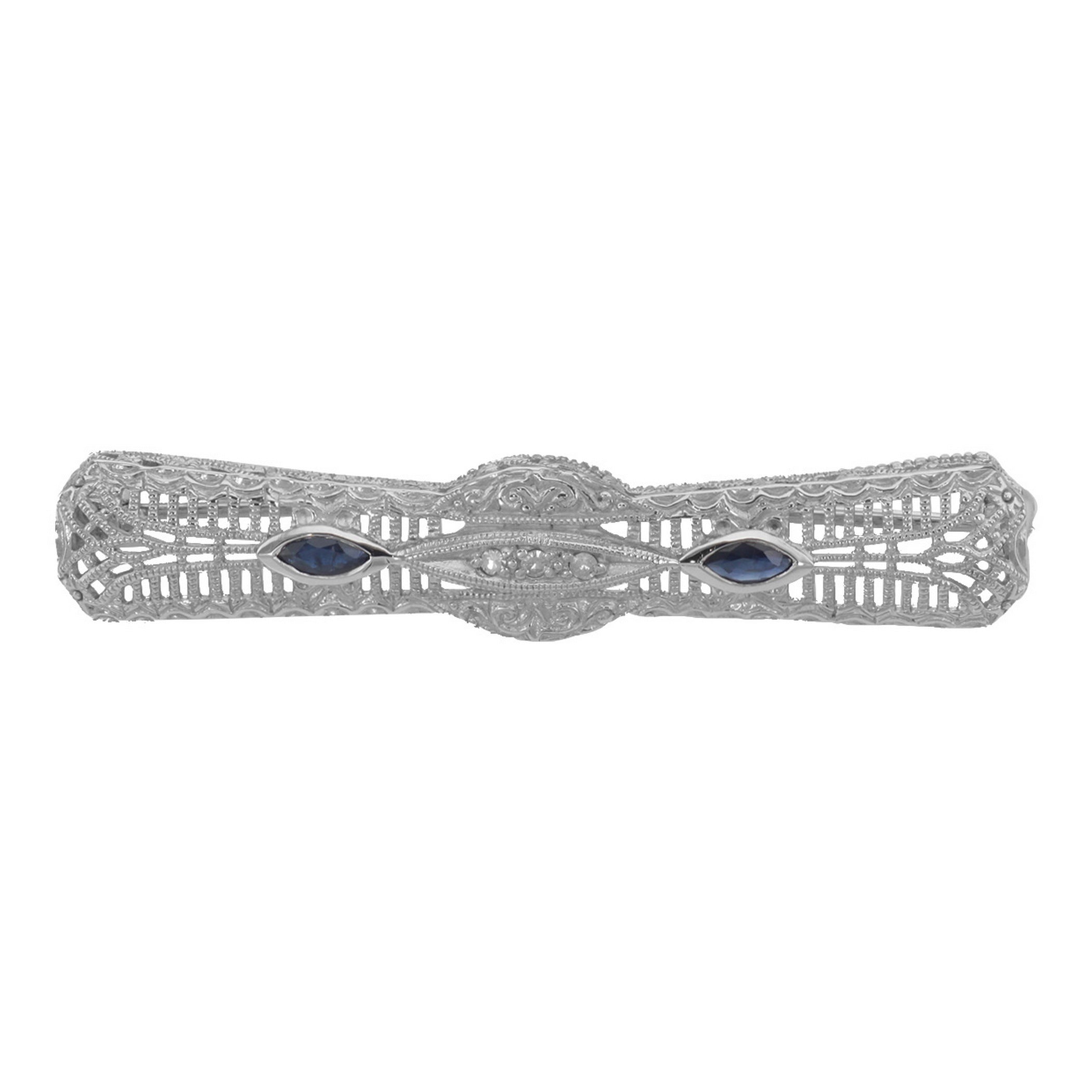 Art Deco style, Sapphire, Diamond, sterling silver brooches / pins, front view