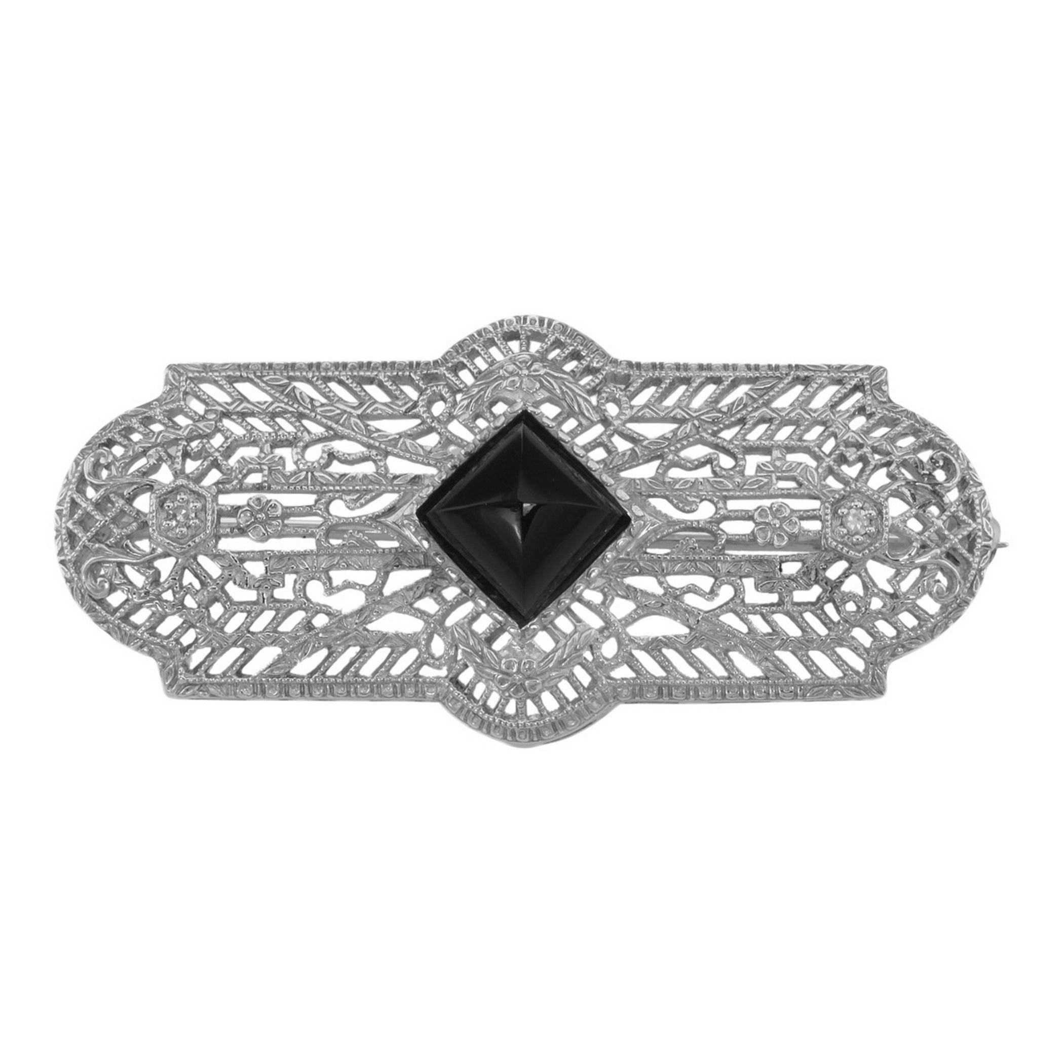 Art Deco style, Diamond, Black Onyx, sterling silver brooches / pins, front view