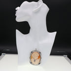 Detail view of Large Italian Handcarved Cameo Pin Pendant w/ Sterling Silver Filigree Frame highlighting design details