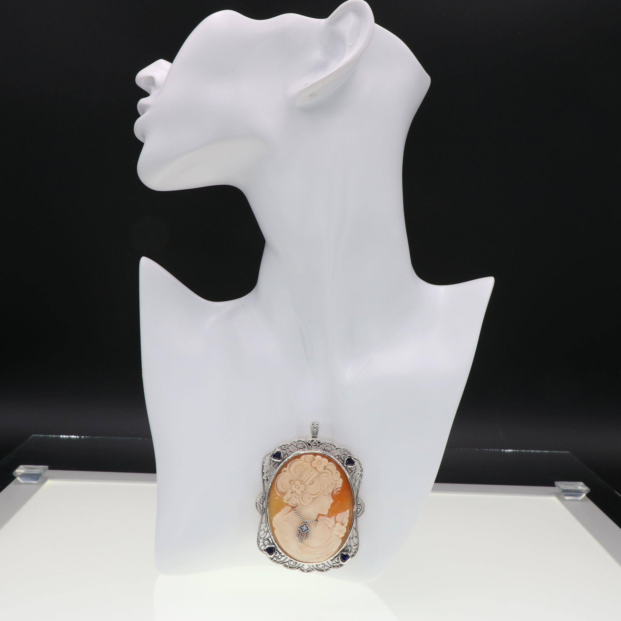 Detail view of Large Italian Handcarved Cameo Pin Pendant w/ Sterling Silver Filigree Frame highlighting design details