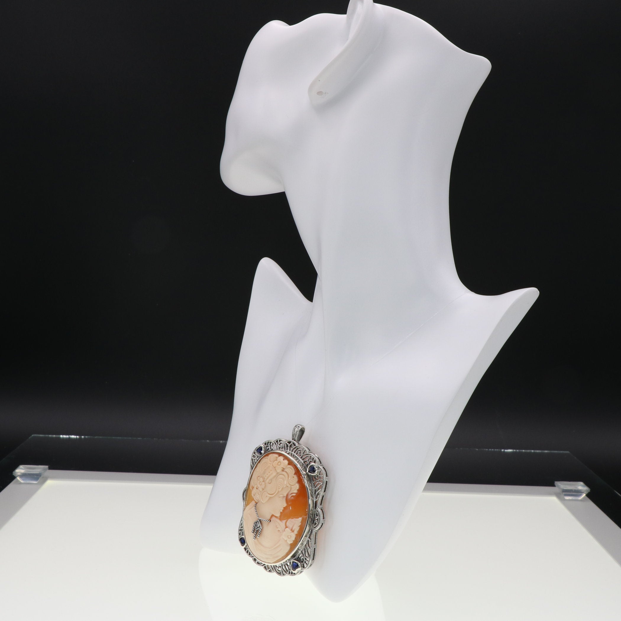 Detail view of Large Italian Handcarved Cameo Pin Pendant w/ Sterling Silver Filigree Frame highlighting design details