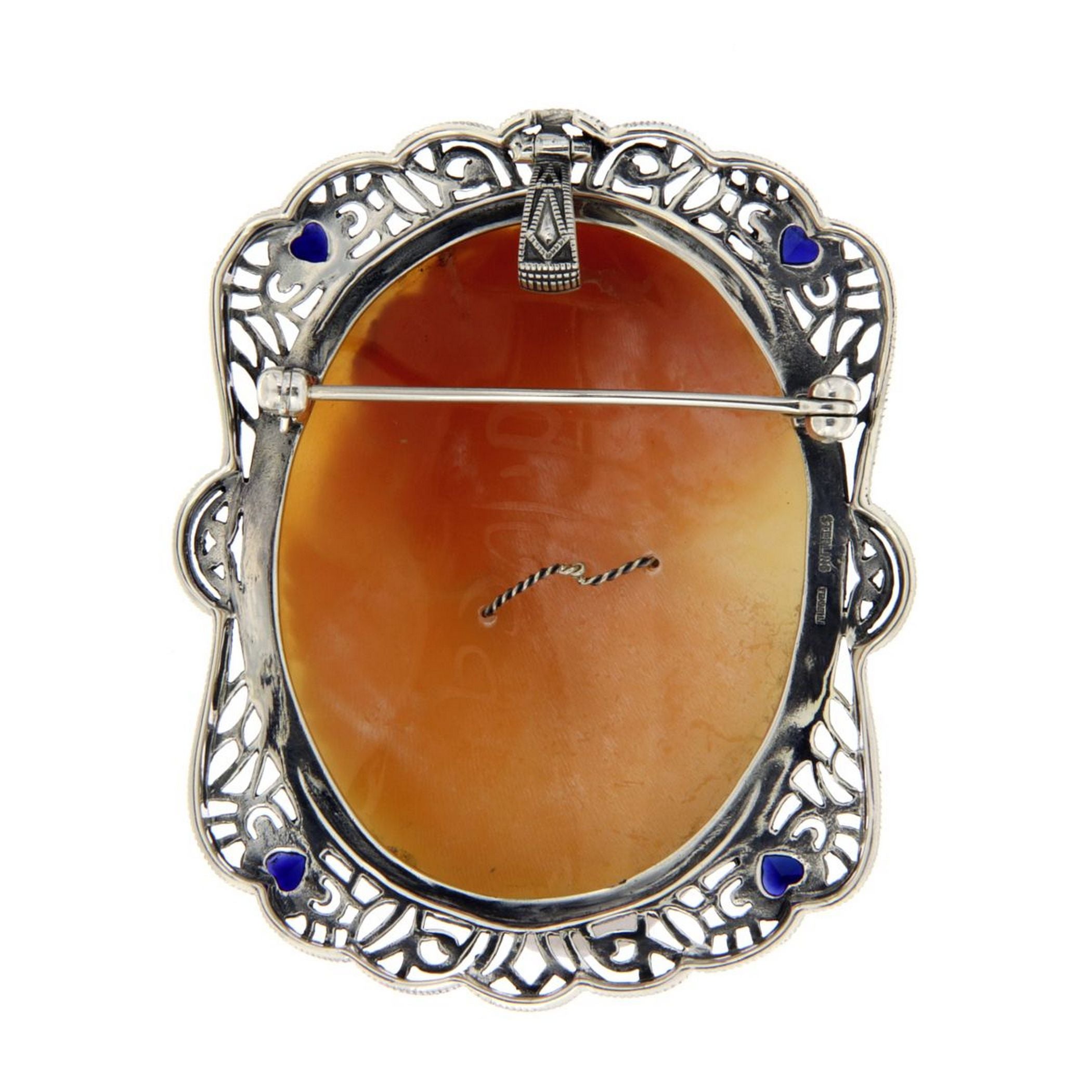 Back view of Large Italian Handcarved Cameo Pin Pendant w/ Sterling Silver Filigree Frame showing 925 sterling silver hallmar