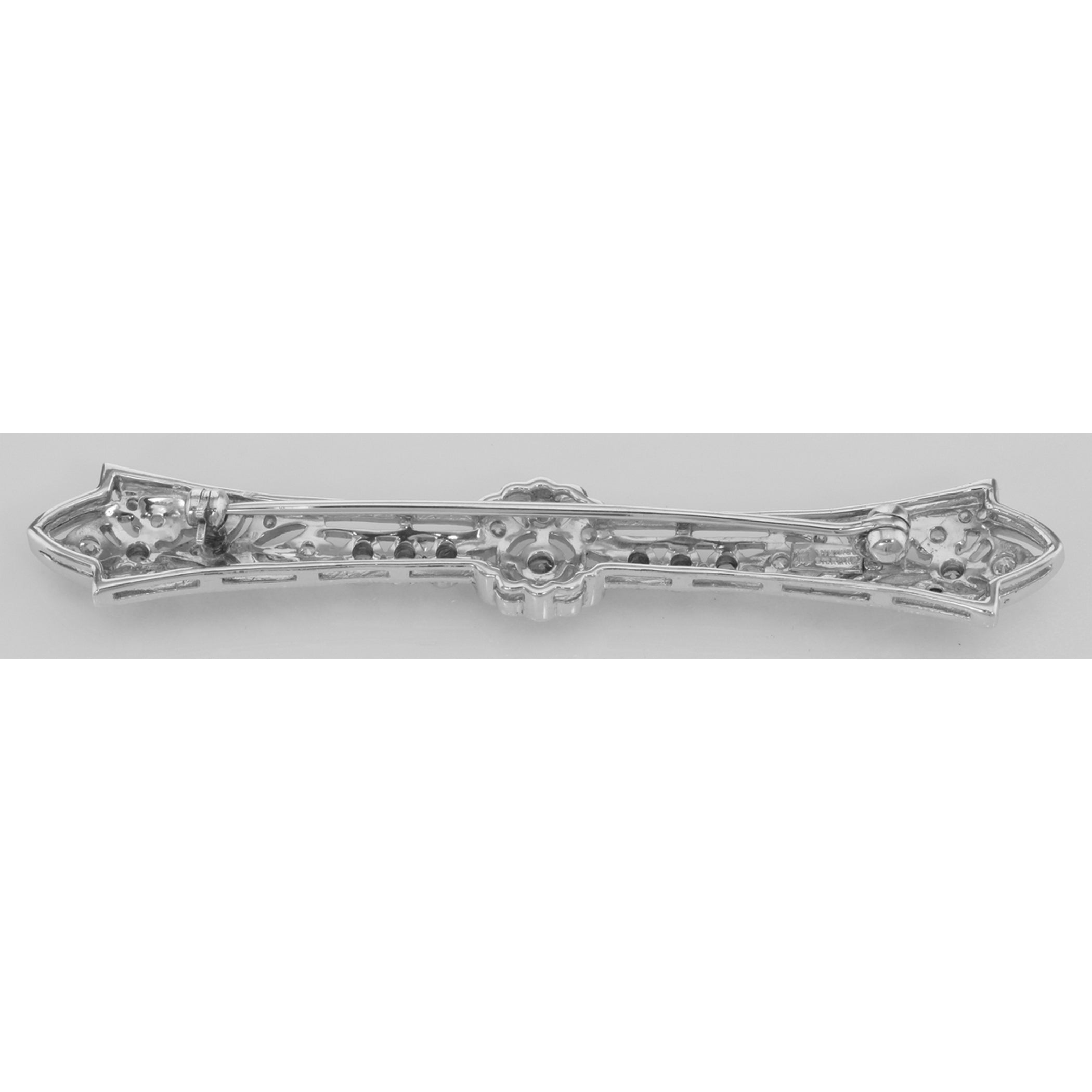 Back view of Classic Antique Style Filigree Bar Pin / Brooch w/ CZ showing 925 sterling silver hallmark and pin back