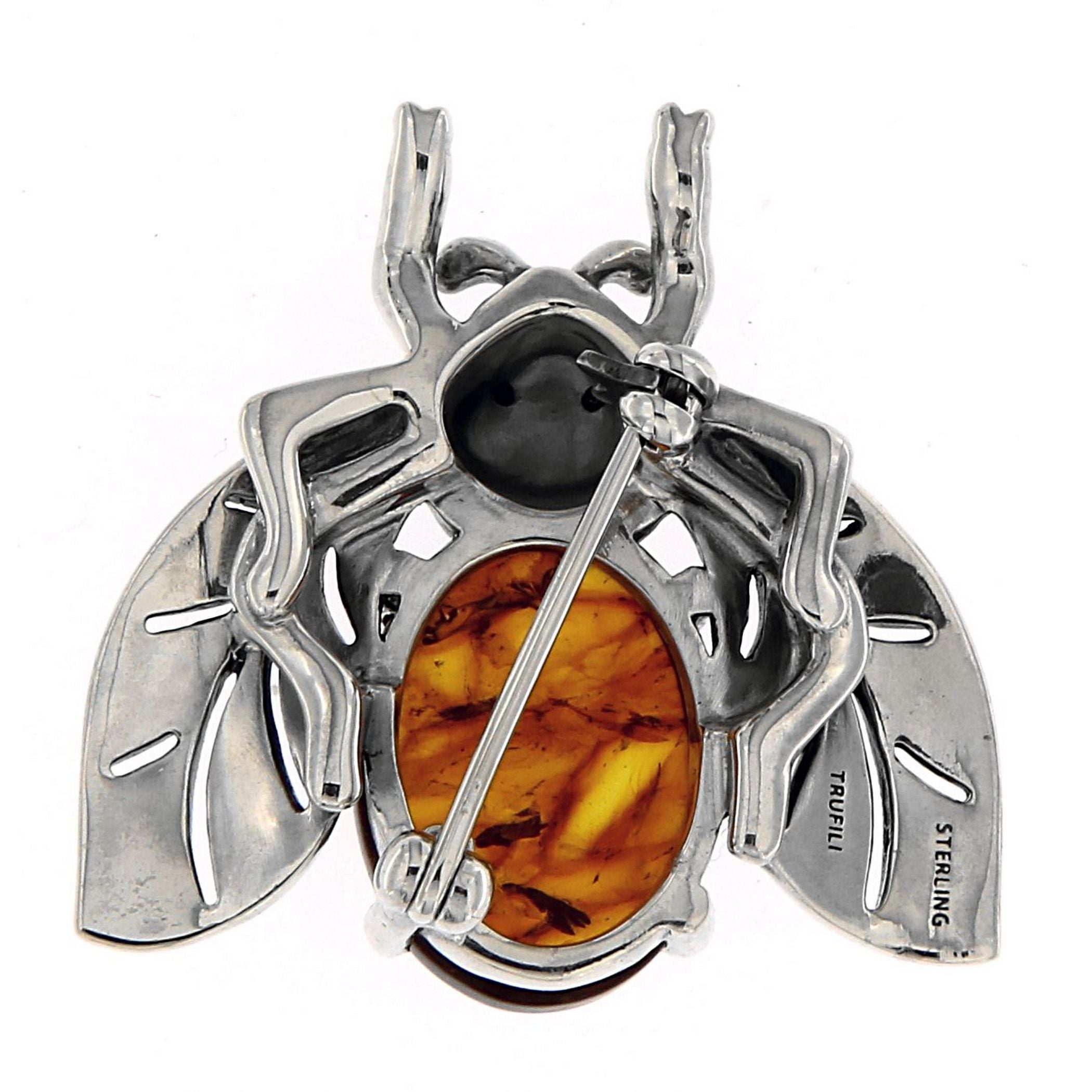 Back view of Antique Style Amber Garnet and Marcasite BumbleBee Pin showing 925 sterling silver hallmark and pin back