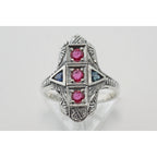 Detail view of Art Deco Style 3 Stone Natural Red Ruby and Sapphire Ring Sterling Silver highlighting Ruby, Sapphire