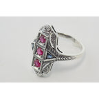 Back view of Art Deco Style 3 Stone Natural Red Ruby and Sapphire Ring Sterling Silver showing 925 sterling silver hallmark
