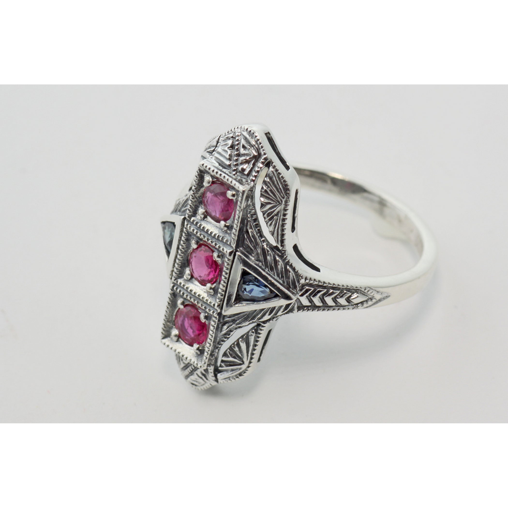 Back view of Art Deco Style 3 Stone Natural Red Ruby and Sapphire Ring Sterling Silver showing 925 sterling silver hallmark