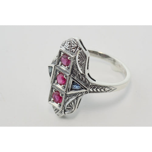Back view of Art Deco Style 3 Stone Natural Red Ruby and Sapphire Ring Sterling Silver showing 925 sterling silver hallmark