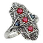 Art Deco style, Ruby, Sapphire, sterling silver rings, front view