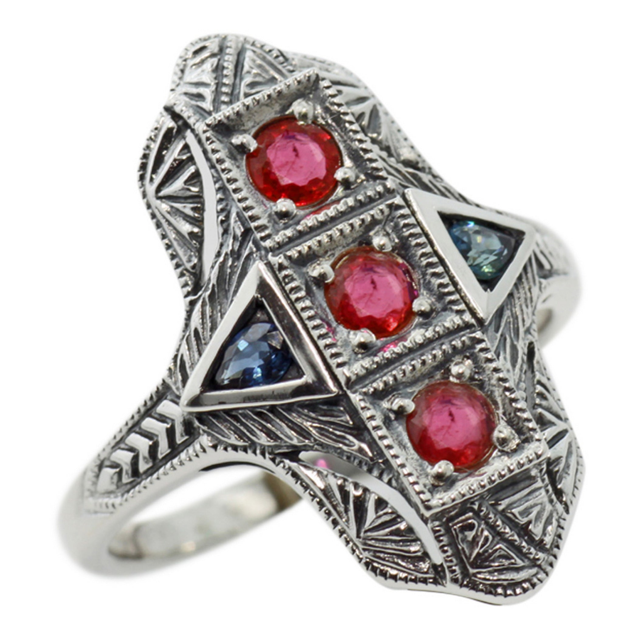 Art Deco style, Ruby, Sapphire, sterling silver rings, front view