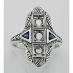 Detail view of Art Deco Style Semi Mount Ring w/ Sapphire Accents highlighting Sapphire