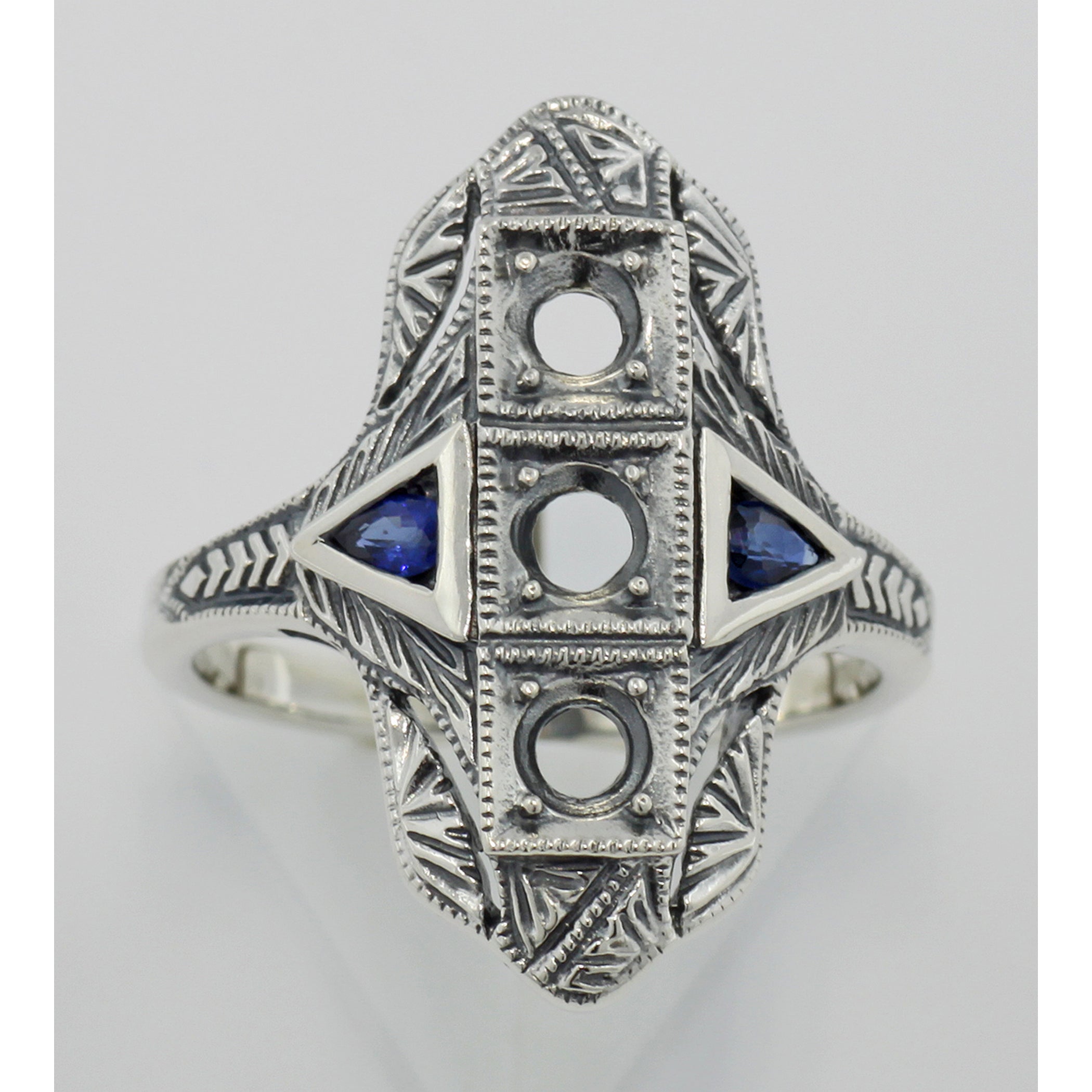 Detail view of Art Deco Style Semi Mount Ring w/ Sapphire Accents highlighting Sapphire
