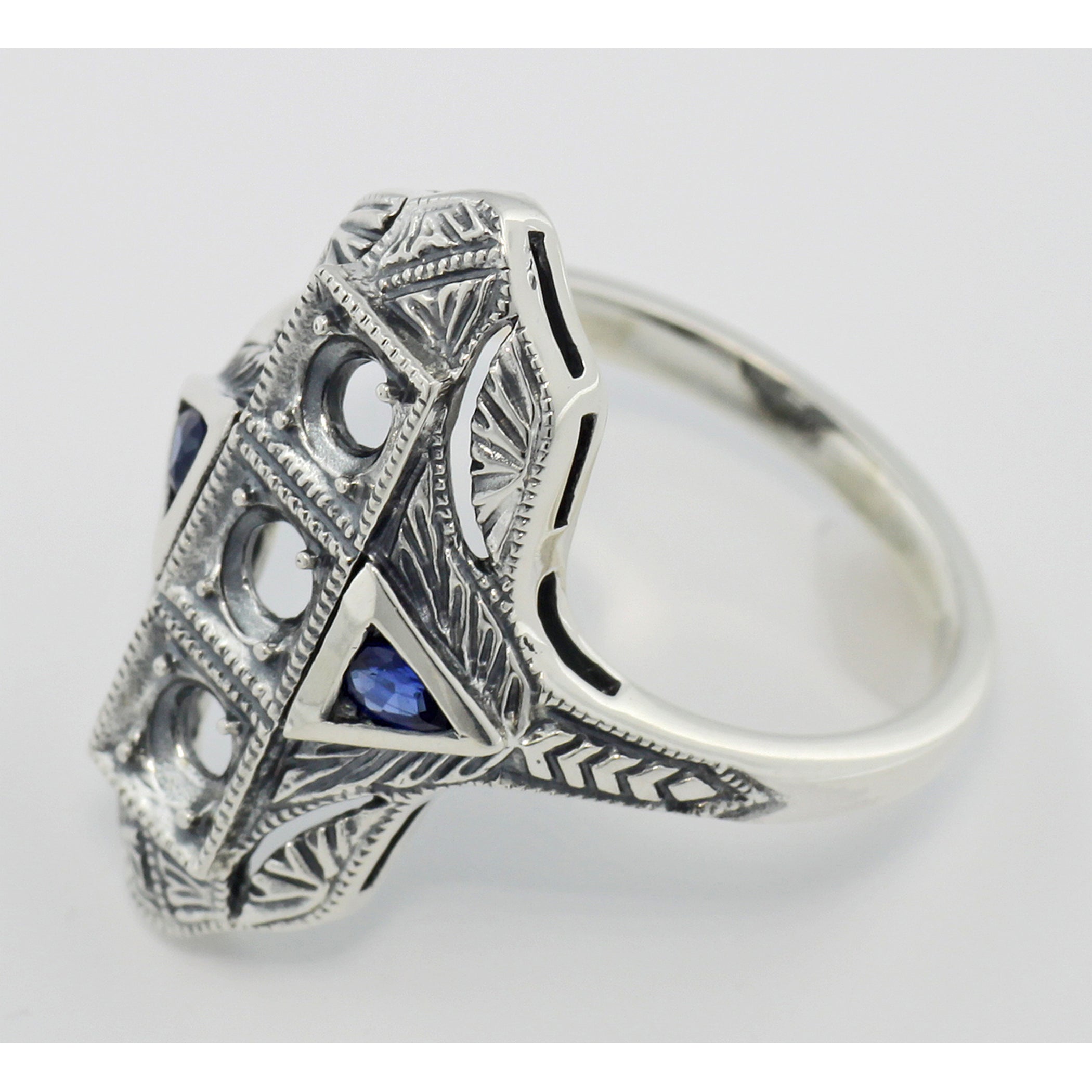 Back view of Art Deco Style Semi Mount Ring w/ Sapphire Accents showing 925 sterling silver hallmark