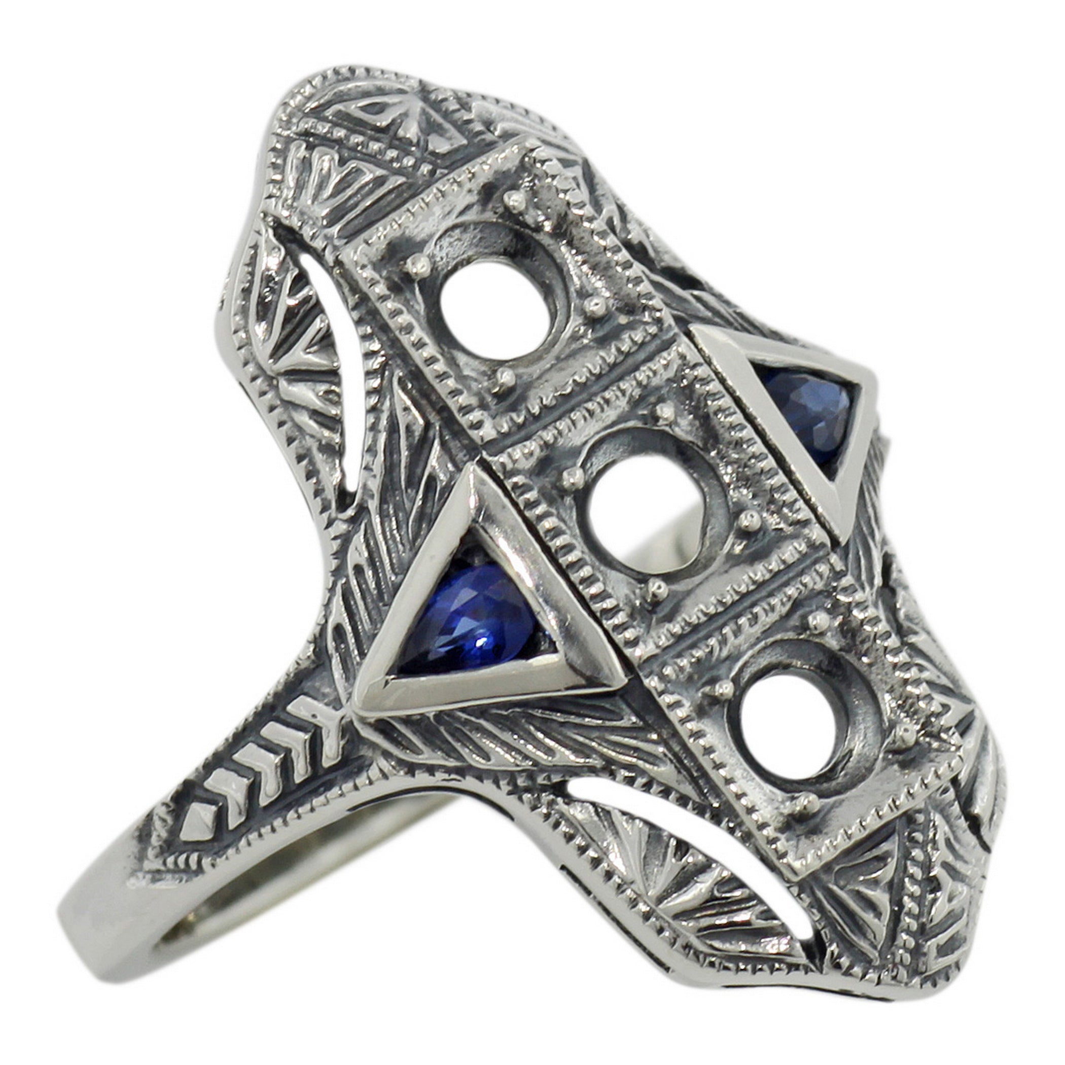 Art Deco style, Sapphire, sterling silver semi mount rings, front view