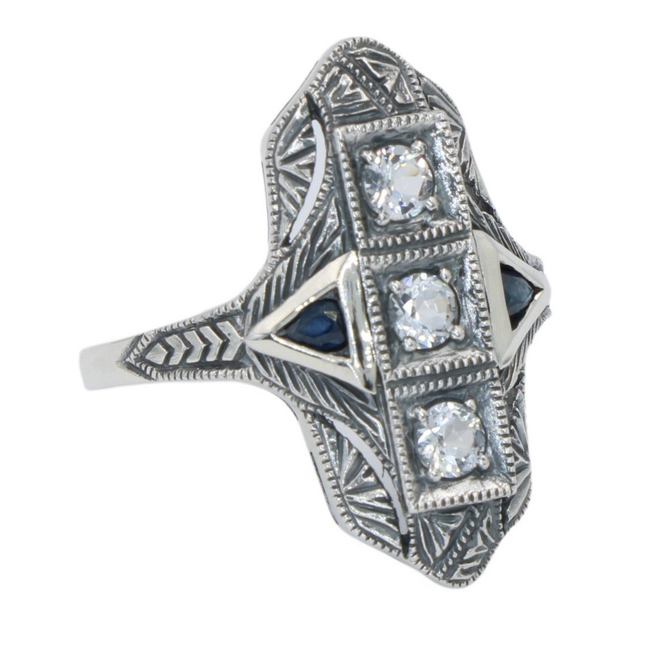 Art Deco style, White Topaz, Sapphire, sterling silver rings, front view
