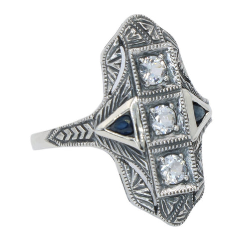 Art Deco style, White Topaz, Sapphire, sterling silver rings, front view