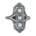 Back view of Art Deco Filigree Ring White Topaz Sapphire Accents Sterling Silver showing 925 sterling silver hallmark
