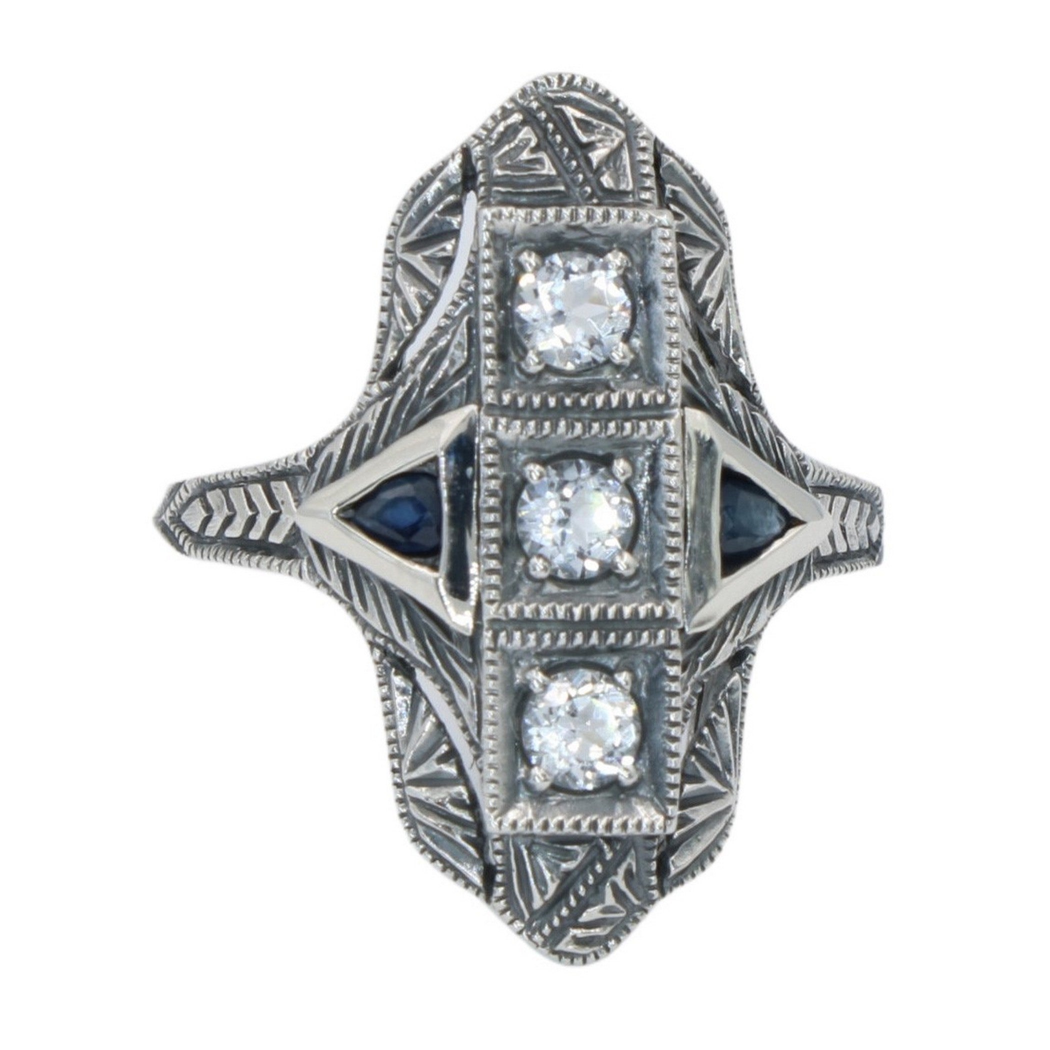 Back view of Art Deco Filigree Ring White Topaz Sapphire Accents Sterling Silver showing 925 sterling silver hallmark