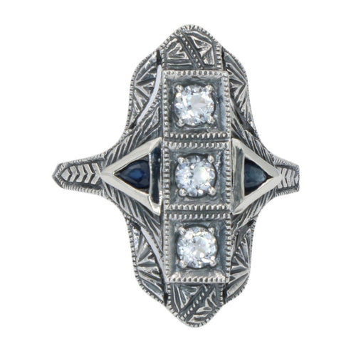 Back view of Art Deco Filigree Ring White Topaz Sapphire Accents Sterling Silver showing 925 sterling silver hallmark