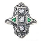 Back view of Art Deco Style Filigree Ring White Topaz Emerald Accents Sterling Silver showing 925 sterling silver hallmark