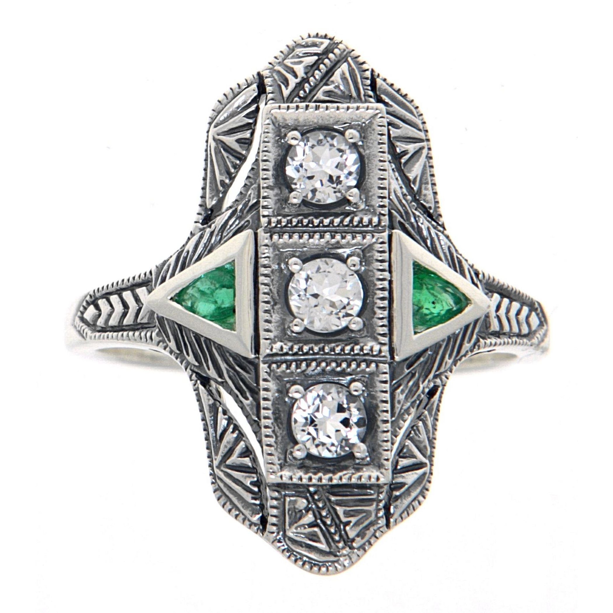 Back view of Art Deco Style Filigree Ring White Topaz Emerald Accents Sterling Silver showing 925 sterling silver hallmark