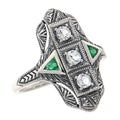 Art Deco style, White Topaz, Emerald, sterling silver rings, front view