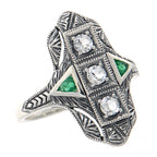 Art Deco style, White Topaz, Emerald, sterling silver rings, front view