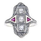 Detail view of Art Deco Style Filigree Ring White Topaz w/ Ruby Accents Sterling Silver highlighting White Topaz, Ruby