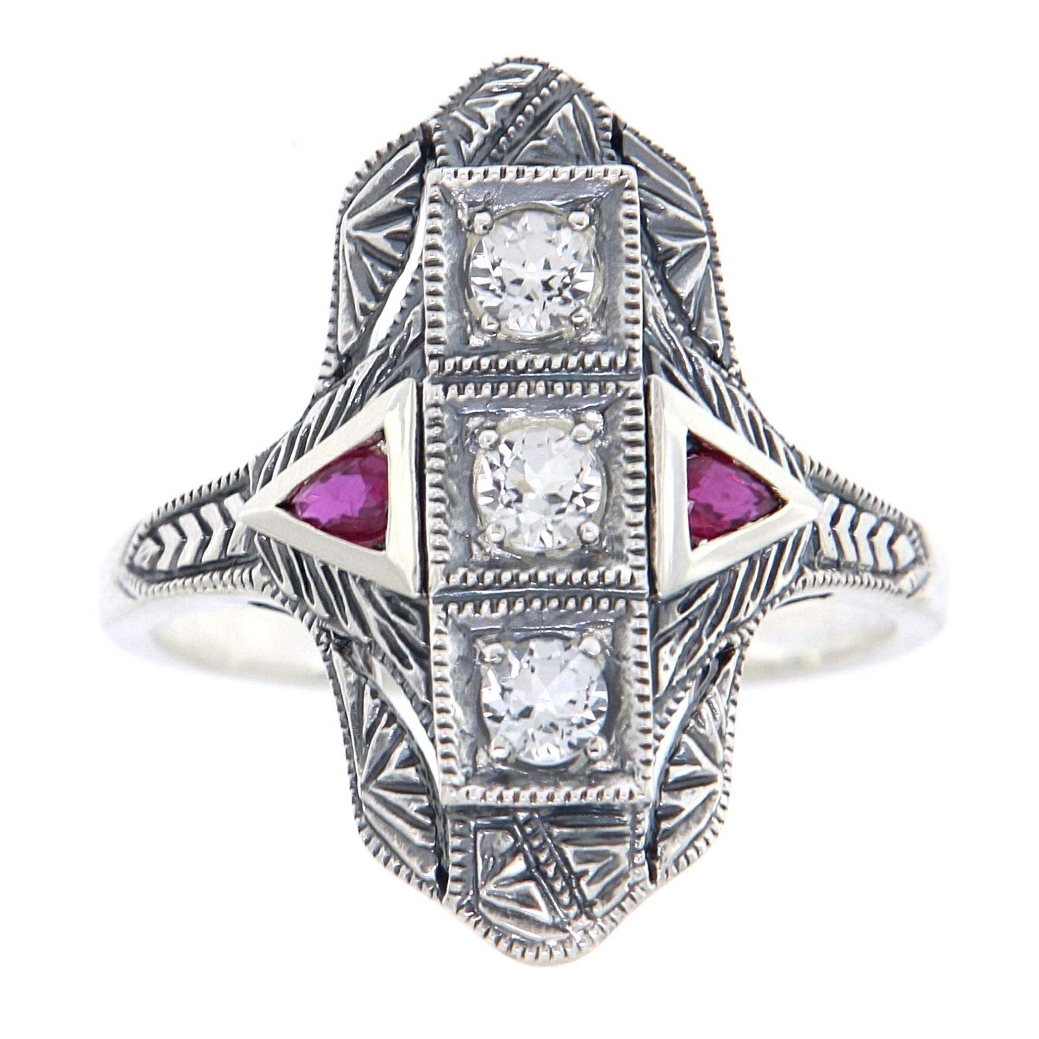 Detail view of Art Deco Style Filigree Ring White Topaz w/ Ruby Accents Sterling Silver highlighting White Topaz, Ruby