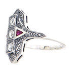 Back view of Art Deco Style Filigree Ring White Topaz w/ Ruby Accents Sterling Silver showing 925 sterling silver hallmark