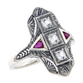 Art Deco style, White Topaz, Ruby, sterling silver rings, front view