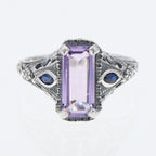 Back view of Art Deco Style Amethyst Filigree Ring w/ Sapphire Accents Sterling Silver showing 925 sterling silver hallmark
