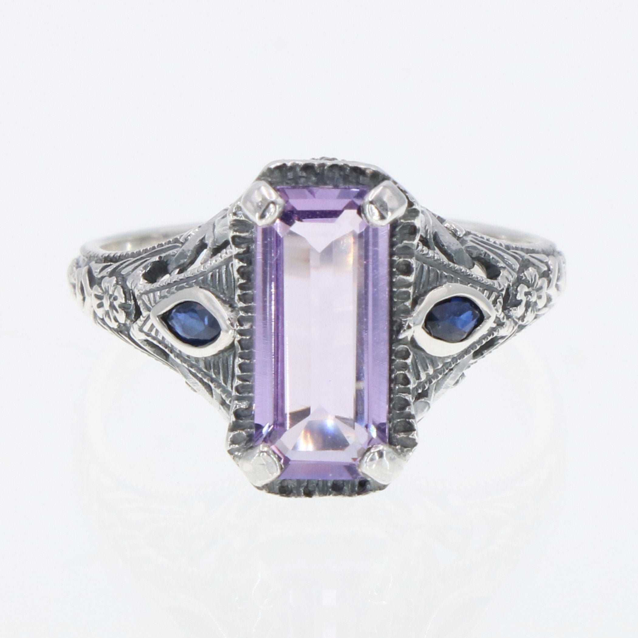 Back view of Art Deco Style Amethyst Filigree Ring w/ Sapphire Accents Sterling Silver showing 925 sterling silver hallmark