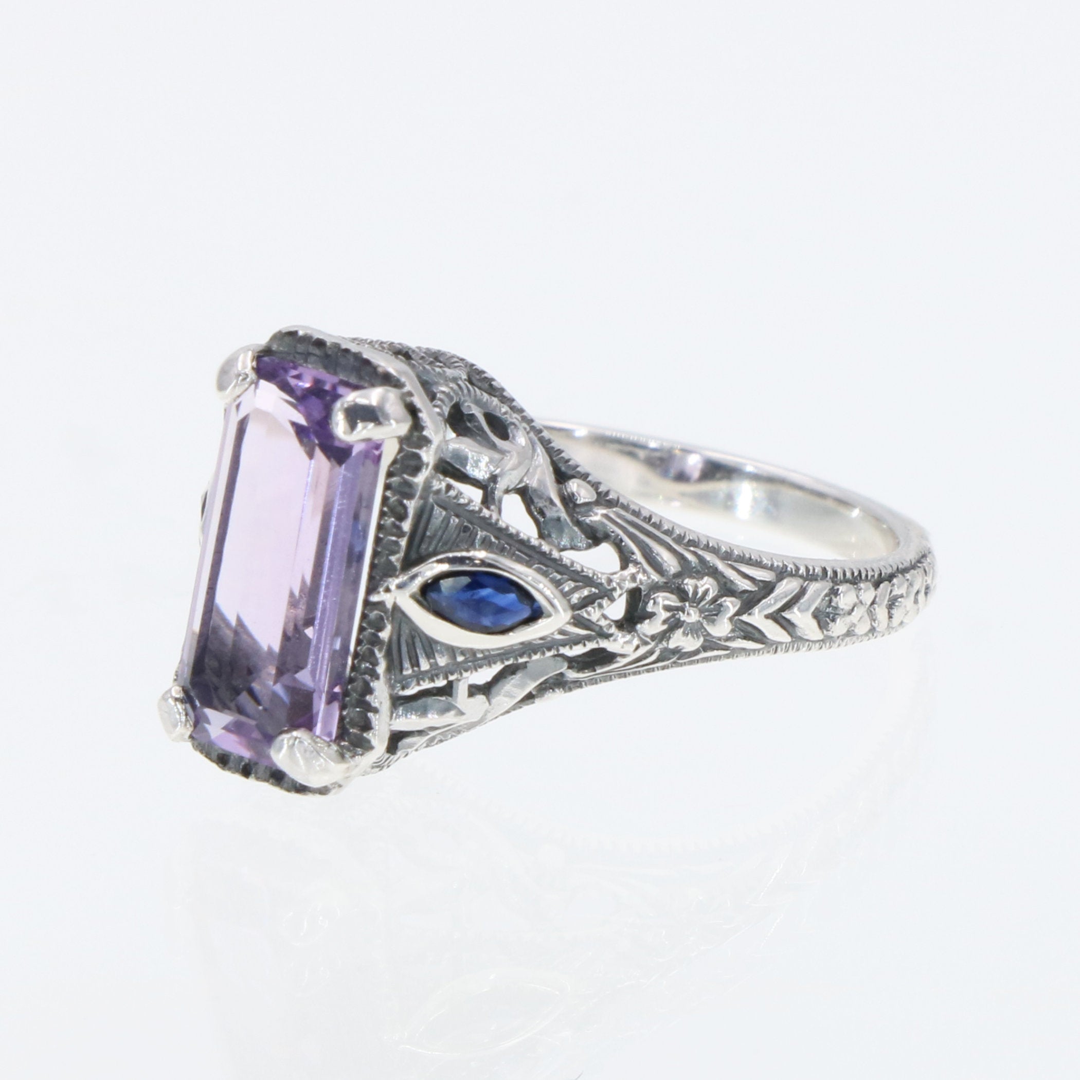 Detail view of Art Deco Style Amethyst Filigree Ring w/ Sapphire Accents Sterling Silver highlighting Amethyst, Sapphire
