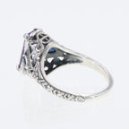Detail view of Art Deco Style Amethyst Filigree Ring w/ Sapphire Accents Sterling Silver highlighting Amethyst, Sapphire