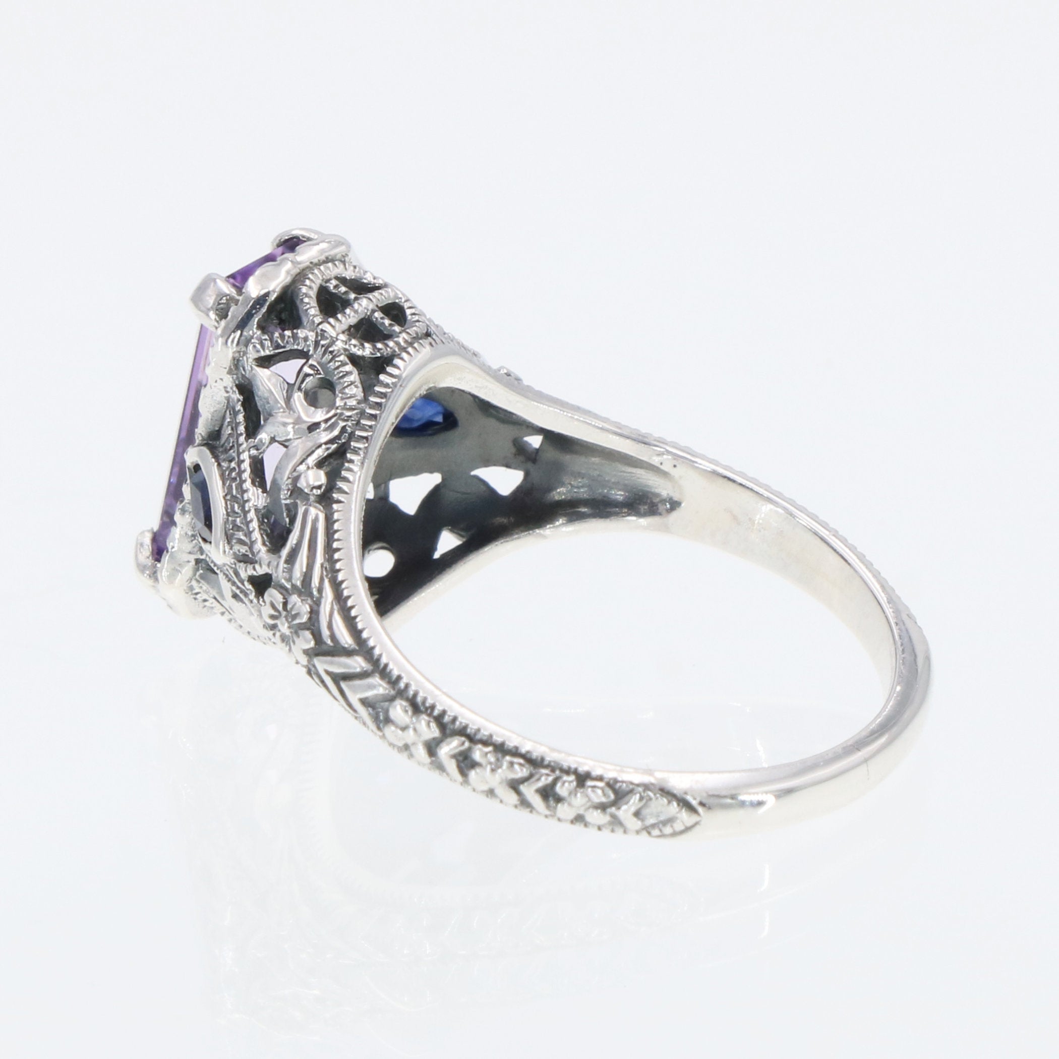 Detail view of Art Deco Style Amethyst Filigree Ring w/ Sapphire Accents Sterling Silver highlighting Amethyst, Sapphire