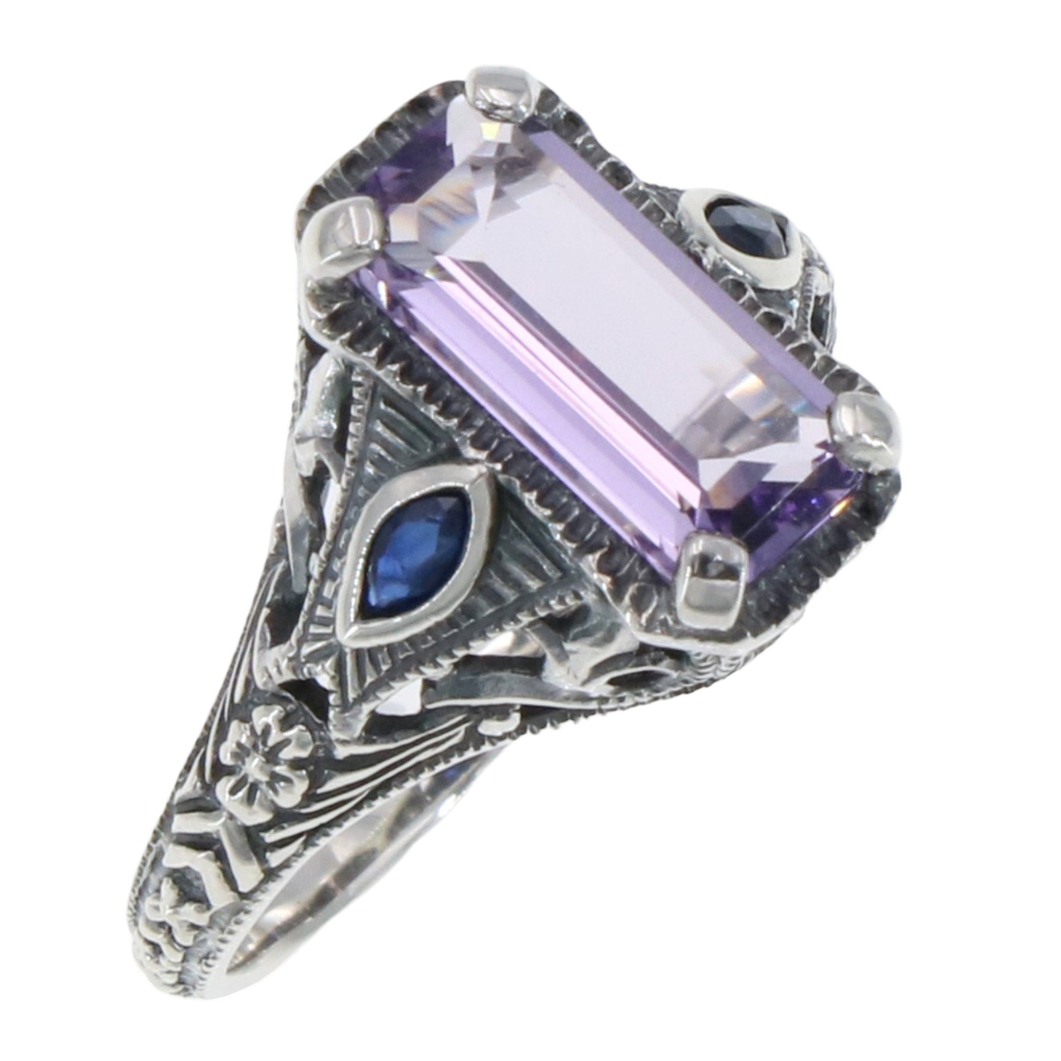 Art Deco style, Amethyst, Sapphire, sterling silver rings, front view