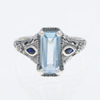 Back view of Art Deco Style Blue Topaz Filigree Ring Sapphire Accents Sterling Silver showing 925 sterling silver hallmark